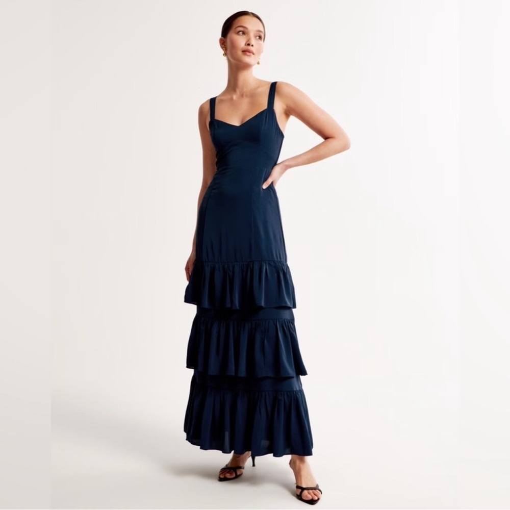 Abercrombie and Fitch maxi dress matte satin ruffle navy blue